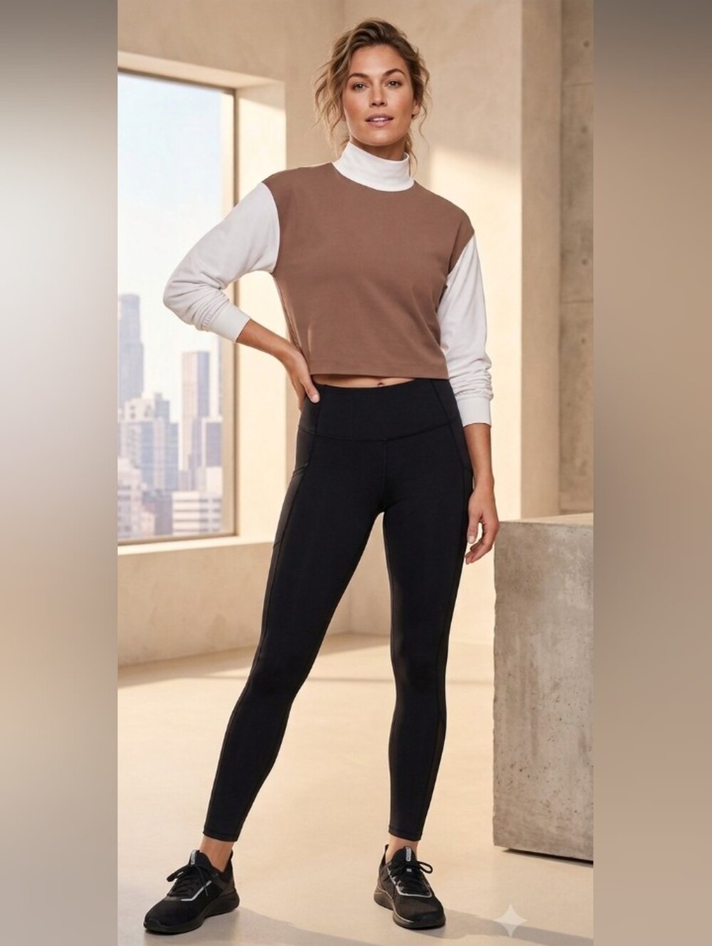 Athleta Brown and White Cropped Sweatshirt with Layered Turtleneck Look